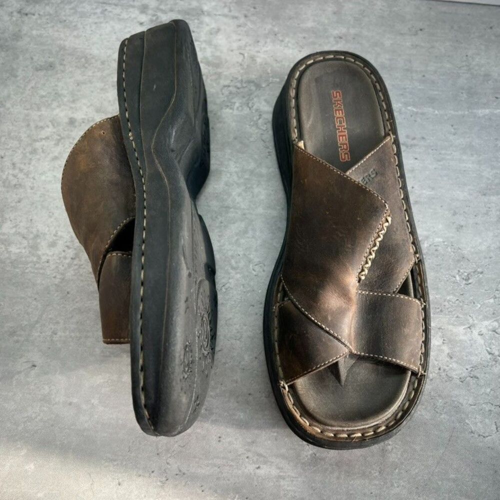 Skechers Open Toe Cross-Strap Slip On Brown Leather Slide Sandals Womens Size 9